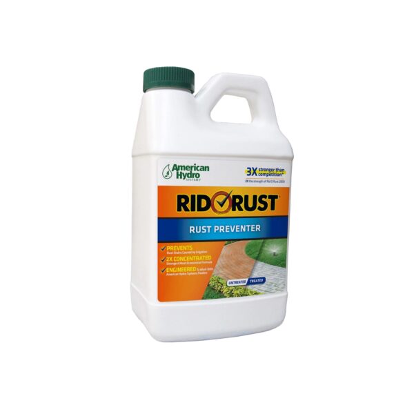 White container of American Hydro Systems Rid O' Rust Rust Preventer with green cap and colorful label.
