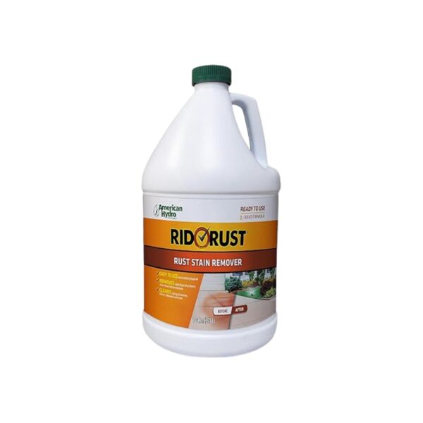 White gallon container of American Hydro Systems Rid O' Rust Rust Stain Remover with green cap.