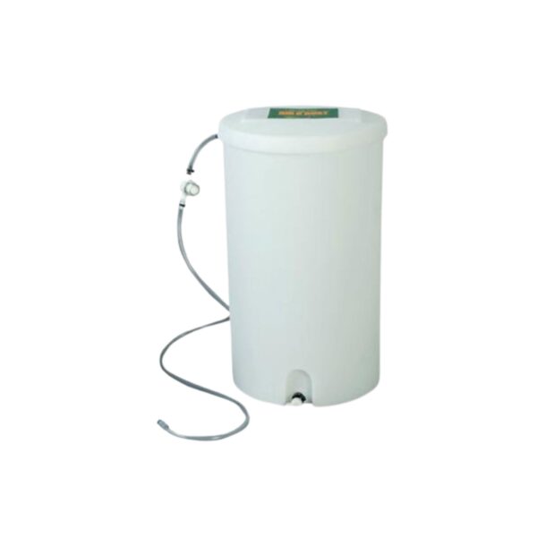 White cylindrical water storage tank with attached hose and lid.