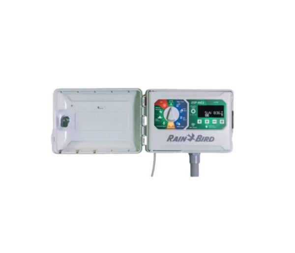 Rain Bird ESP-ME3 irrigation controller with open cover showing control dial and digital display.