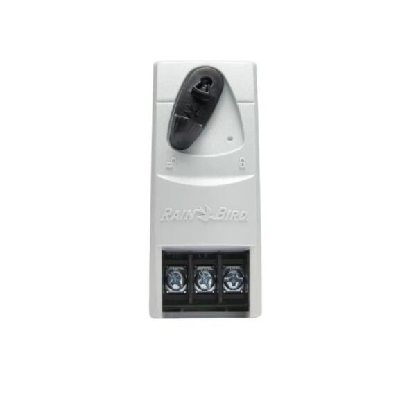 White Rain Bird irrigation solenoid adapter with three wiring terminals.