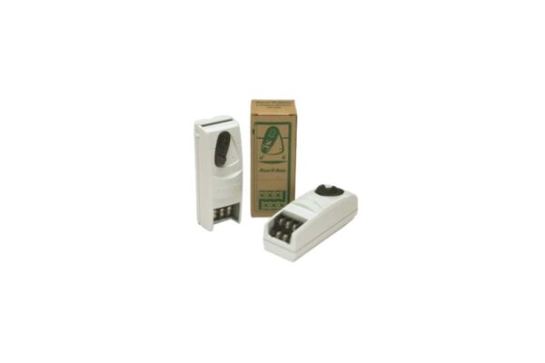 White electrical component with terminal connections, shown with packaging box.