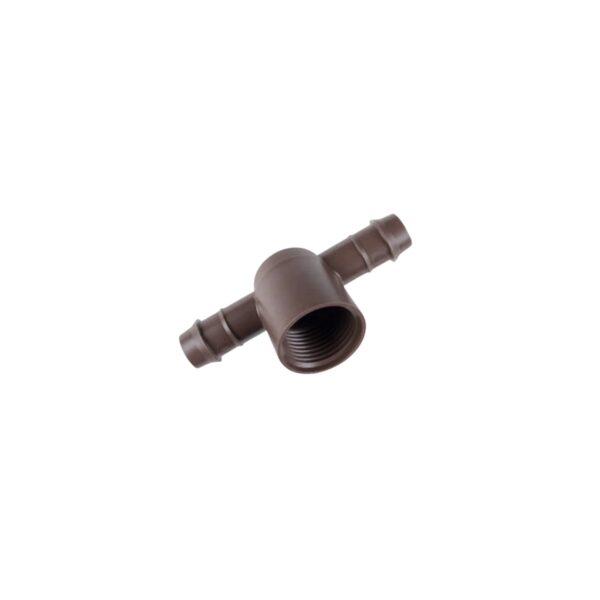 Brown plastic barbed tee fitting with female threaded connection for drip irrigation systems.